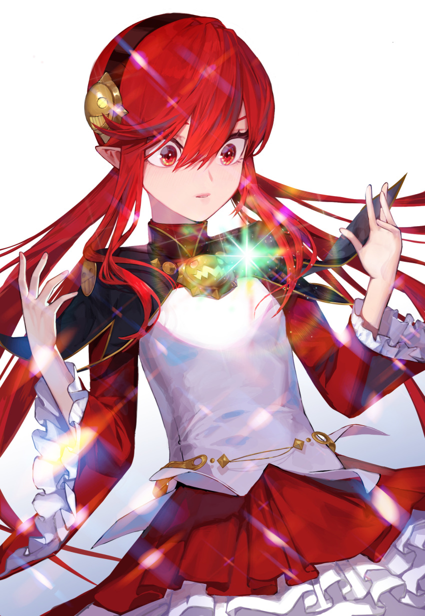 1girl, black_hairband, character_request, dungeon_and_fighter, female_mage_(dungeon_and_fighter), hair_between_eyes, hairband, highres, long_hair, mumu914, pointy_ears, red_eyes, red_skirt, redhead, simple_background, skirt, sparkle, white_background