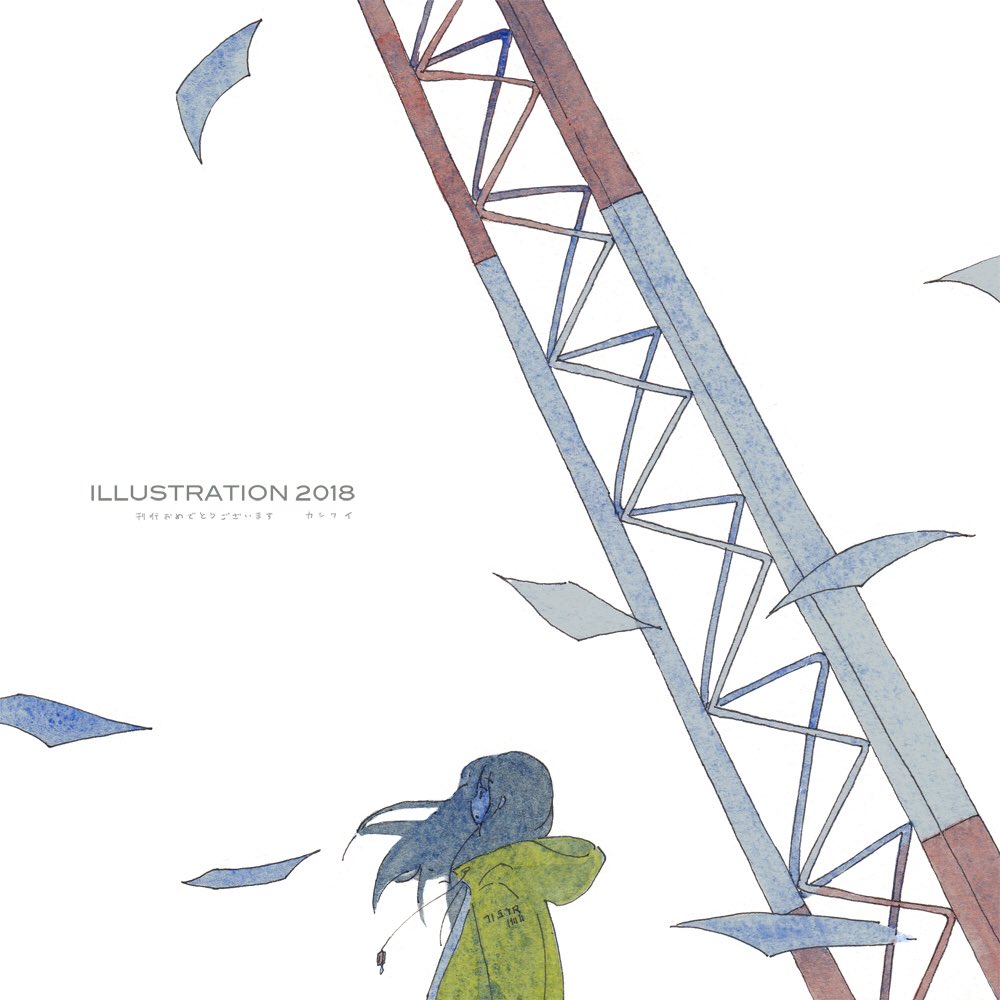 1girl, 2018, drawstring, hood, hooded_jacket, illustration.media, jacket, kafka_(bianor-peacock), long_hair, original, paper, profile, solo, upper_body, white_background, wide_shot, wind, yellow_jacket