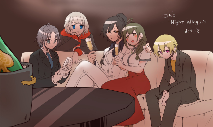 5girls, ahoge, alcohol, asakura_toru, black_hair, black_suit, blonde_hair, blue_eyes