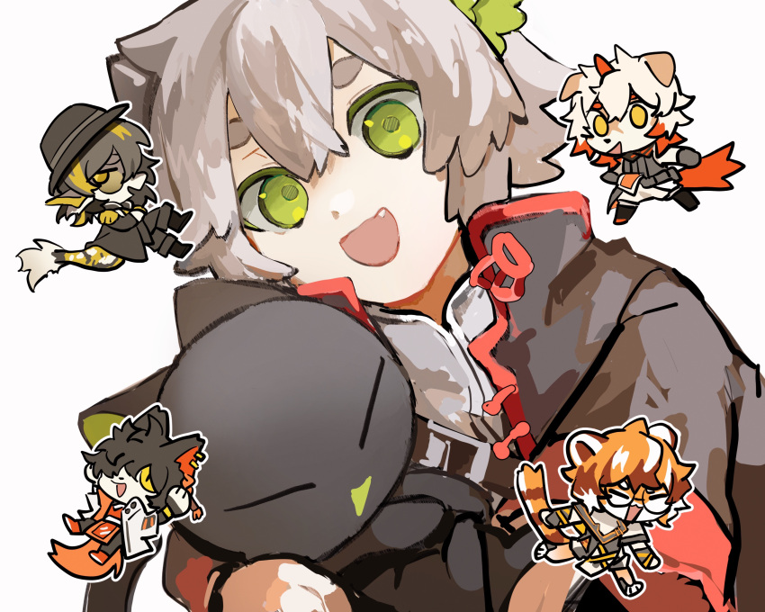 1girl, 4boys, aak_(arknights), animal_ears, arknights, bishounen, black_cat, cat
