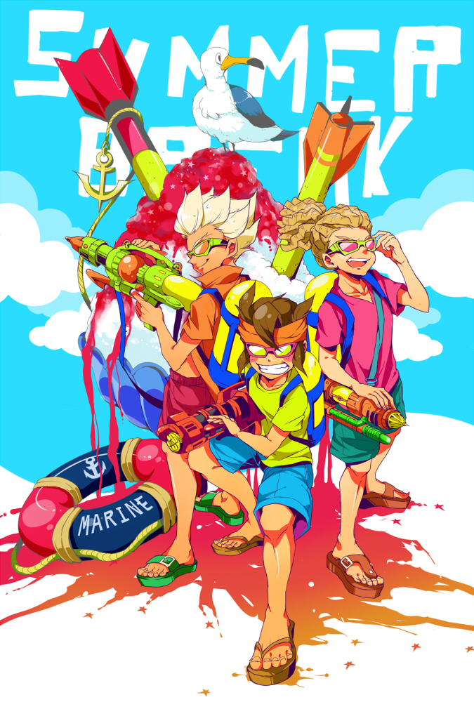 3boys, anchor, bamboo_grass, beach, bird, blonde_hair, brown_hair, clouds