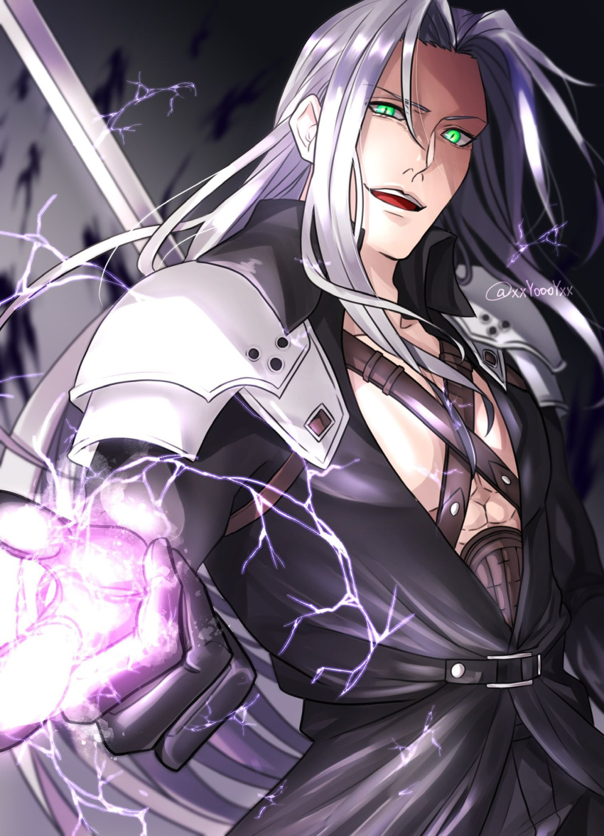 1boy, armor, bangs, bare_pectorals, belt, black_gloves, black_jacket, final_fantasy, final_fantasy_vii, final_fantasy_vii_remake, gloves, green_eyes, grey_hair, highres, jacket, katana, lightning, long_bangs, long_hair, long_sleeves, male_focus, pectorals, sephiroth, shoulder_armor, solo, sword, weapon, xxyoooyxx