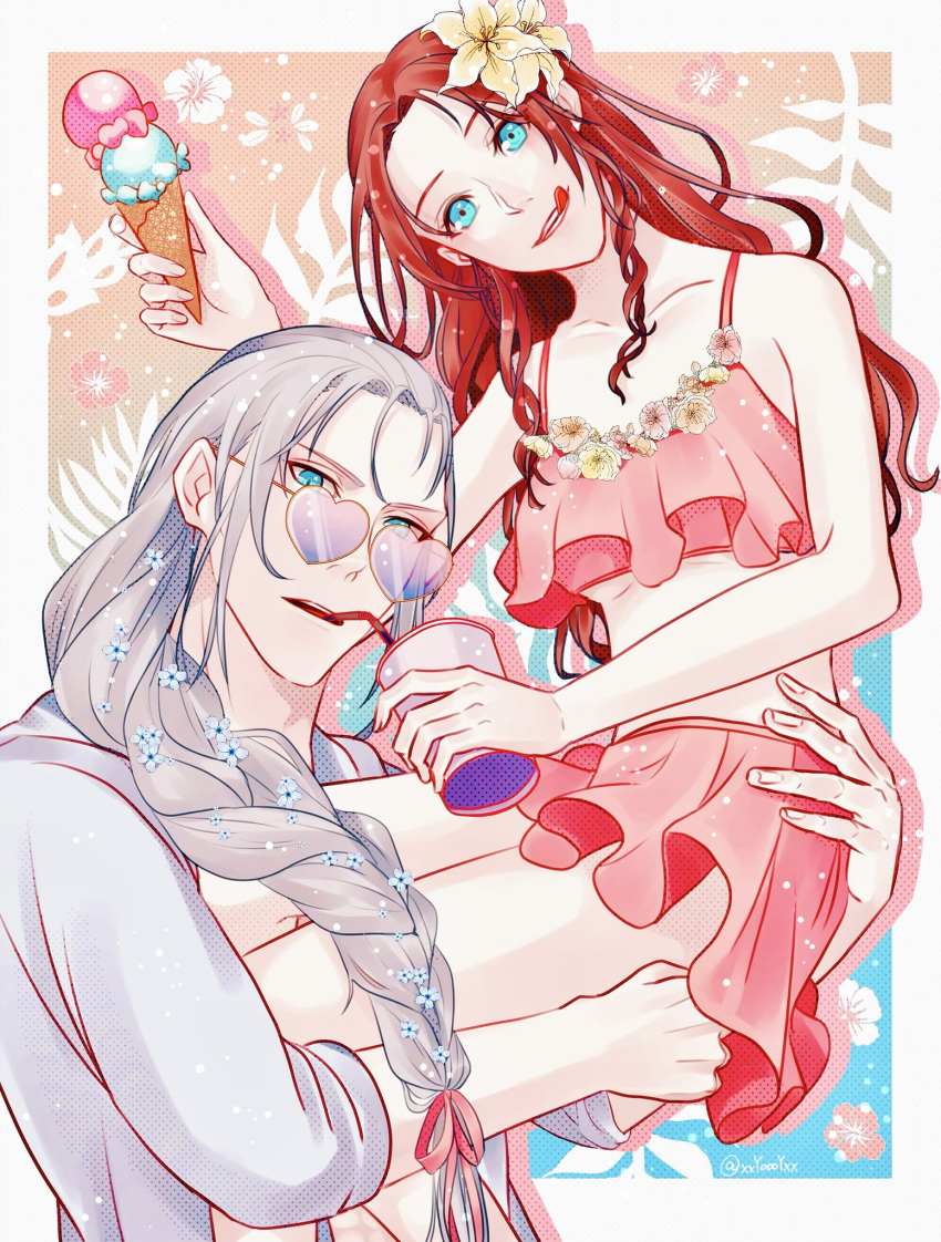 1boy, 1girl, aerith_gainsborough, bikini, brown_hair, cup, final_fantasy, final_fantasy_vii, final_fantasy_vii_remake, flower, green_eyes, grey_shirt, hair_flower, hair_ornament, heart, heart-shaped_eyewear, highres, holding, holding_cup, ice_cream_cone, long_hair, pink_bikini, sephiroth, shirt, smile, sunglasses, swimsuit, tongue, tongue_out, xxyoooyxx, yellow_flower
