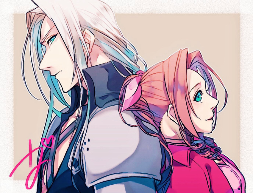 1boy, 1girl, aerith_gainsborough, armor, bangs, black_jacket, brown_hair, dress