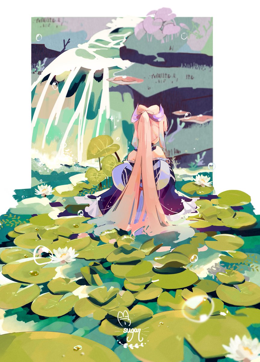 1girl, artist_name, back_bow, bare_shoulders, blue_hair, blue_shirt, border, bow