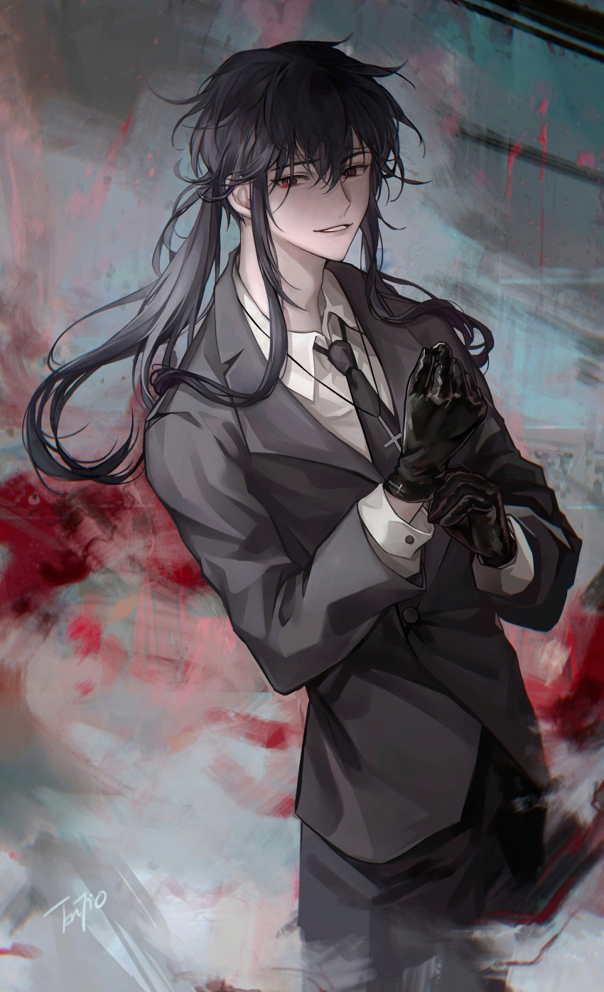1boy, absurdres, bai_liu, bishounen, black_gloves, black_hair, black_necktie, black_vest, collared_shirt, enjioer, gloves, highres, i_became_a_god_in_a_horror_game, male_focus, necktie, red_eyes, shirt, sidelocks, solo, uniform, vest