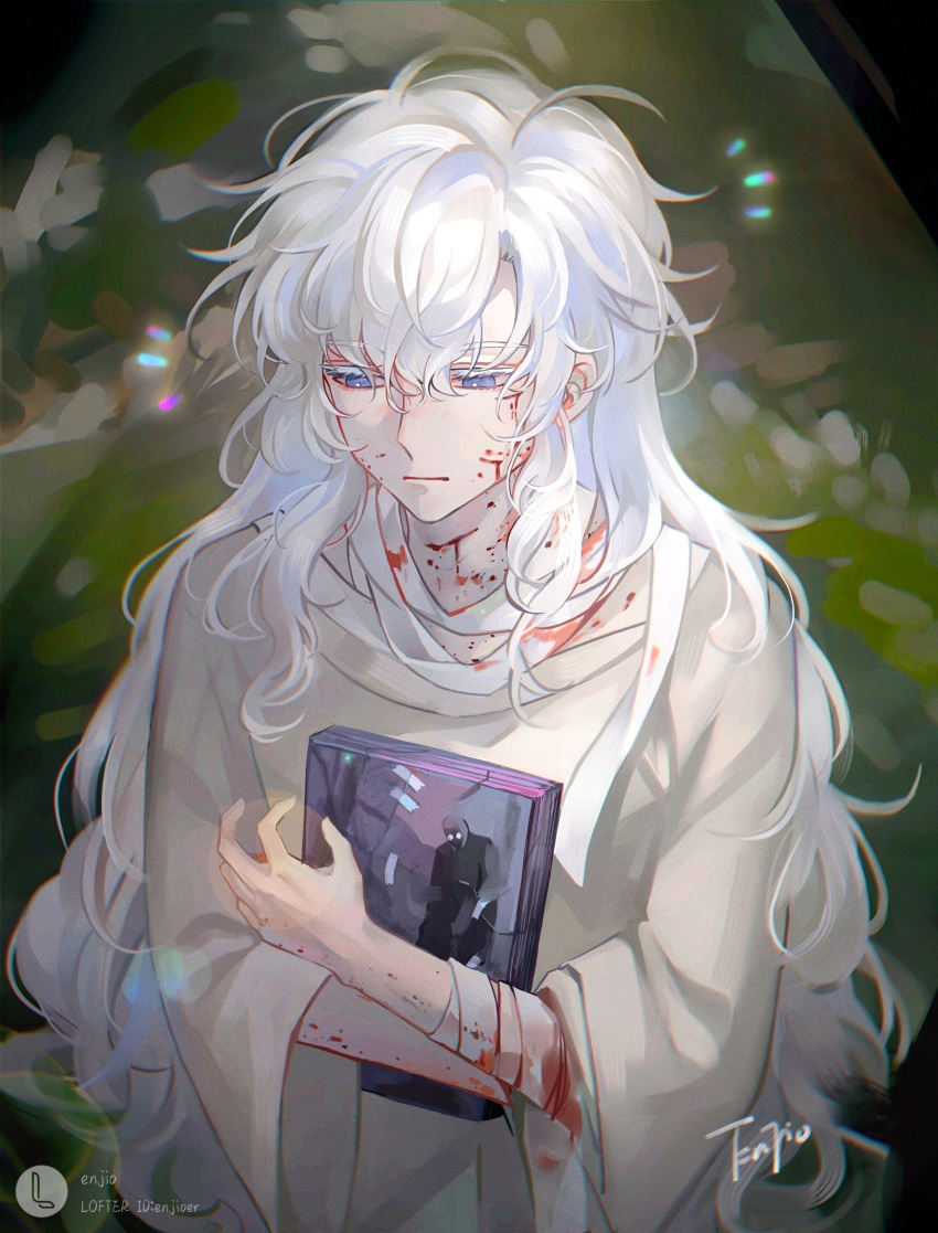 1boy, bandaged_hand, bandages, bishounen, blood, blood_on_clothes, blue_eyes, book, haidiwuli, highres, holding, holding_book, i_became_a_god_in_a_horror_game, jing_feng, male_focus, messy_hair, solo, wavy_hair, white_hair