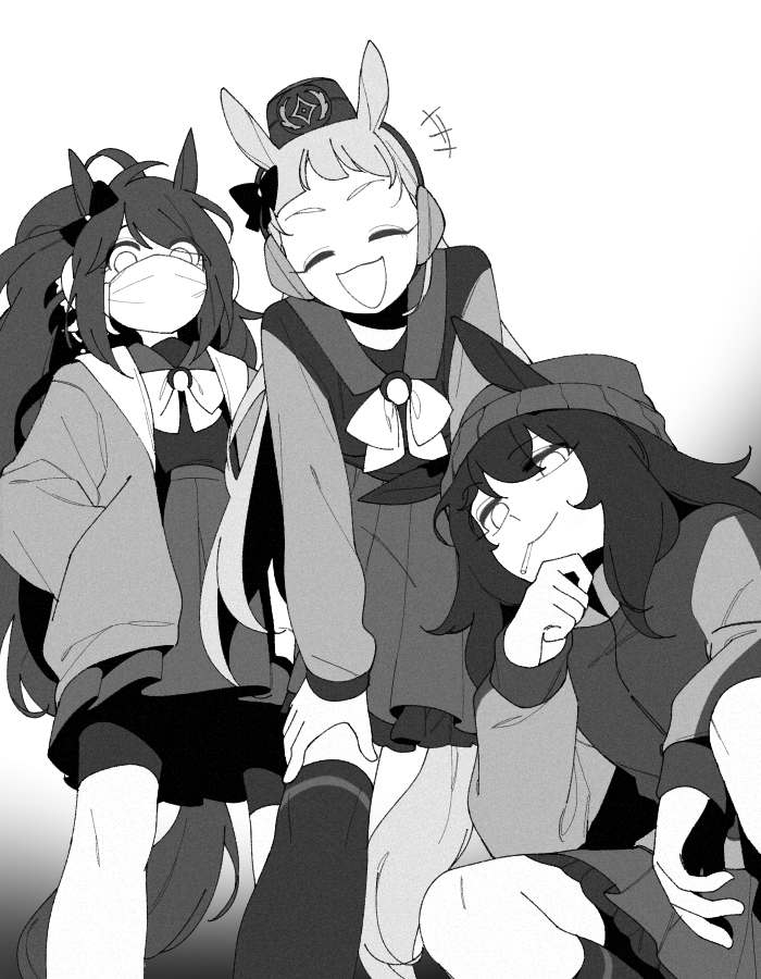 +++, 3girls, ?, alpha_transparency, animal_ears, beanie, bike_shorts_under_skirt, bow