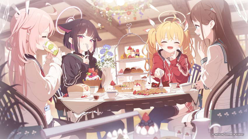 4girls, ahoge, airi_(blue_archive), animal_ears, bangs, black_choker, black_hair, black_sailor_collar