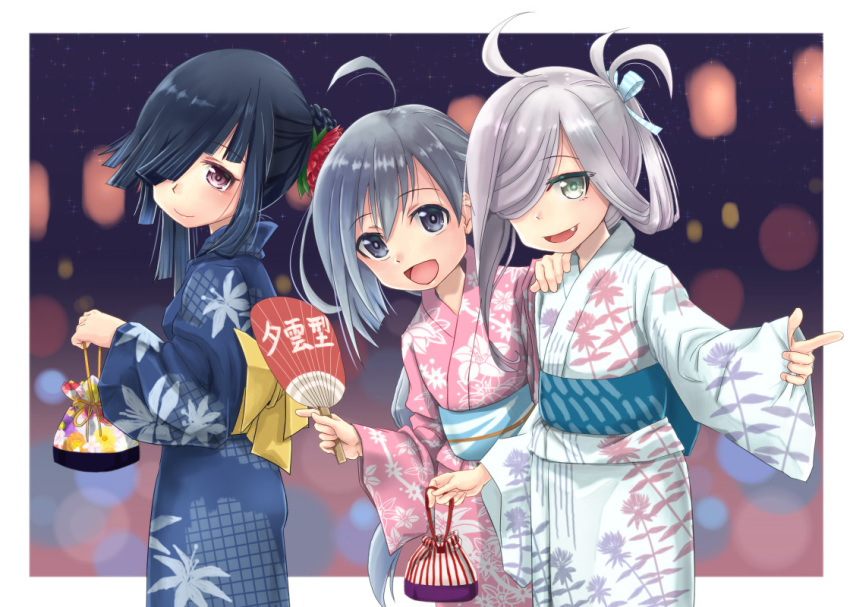 3girls, black_eyes, black_hair, flower, grey_eyes, grey_hair, hair_flower, hair_ornament