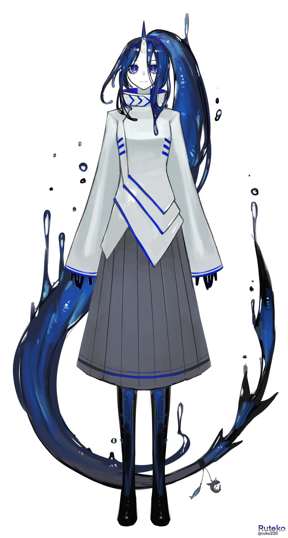 1girl, absurdly_long_hair, arms_at_sides, black_footwear, blue_eyes, blue_hair, closed_mouth, colored_skin, full_body, grey_skirt, highres, horns, jacket, liquid_hair, long_hair, long_sleeves, looking_at_viewer, monster_girl, original, pleated_skirt, ponytail, ruteko_(ruko220), simple_background, single_horn, skirt, sleeves_past_wrists, smile, solo, very_long_hair, white_background, white_jacket, white_skin