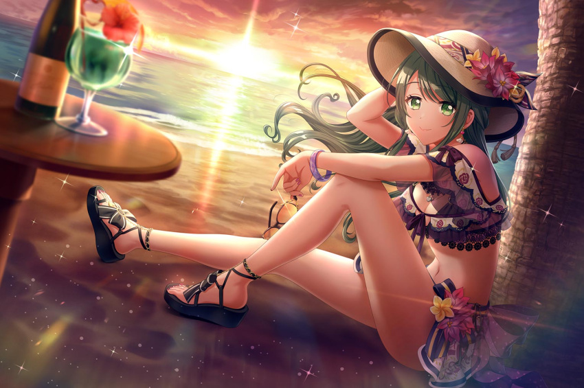 d4dj, green_eyes, green_hair, long_hair, shimizu_esora, smile, swimsuit