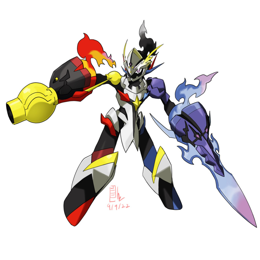 arm_blade, arm_cannon, armarouge, blue_fire, bright_pupils, ceruledge, dated, digimon