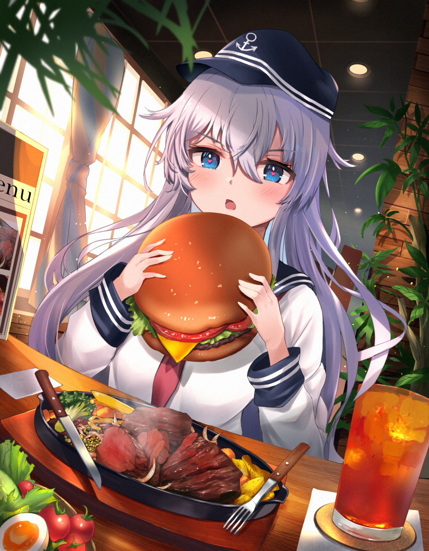1girl, anchor_symbol, black_headwear, black_sailor_collar, blue_eyes, burger, drink, eating