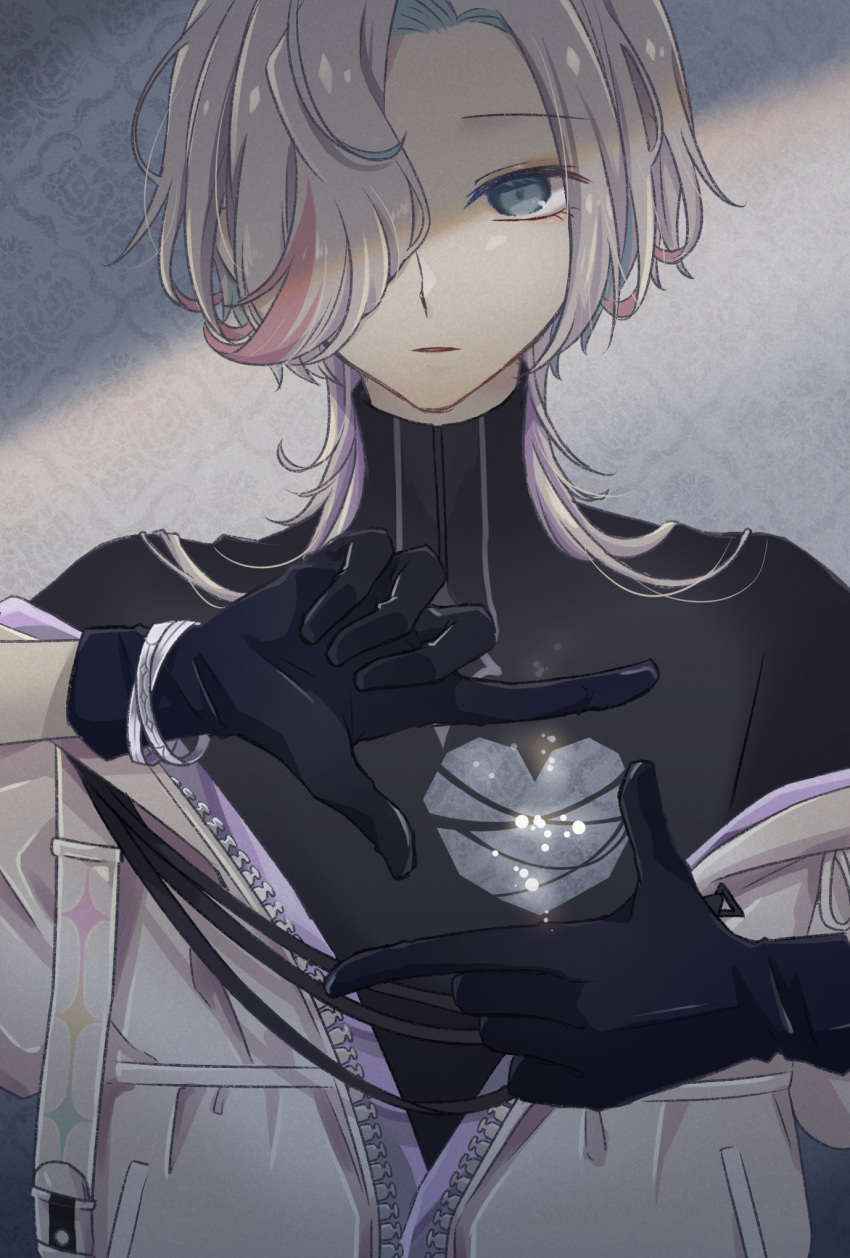 1boy, aqua_hair, black_gloves, black_shirt, blue_eyes, bracelet, finger_frame, fingers
