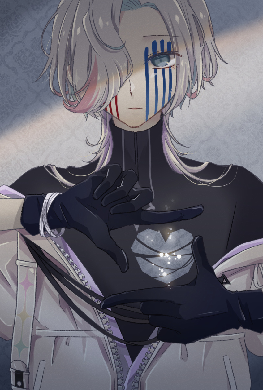 1boy, aqua_hair, black_gloves, black_shirt, blue_eyes, bracelet, facial_mark, finger_frame