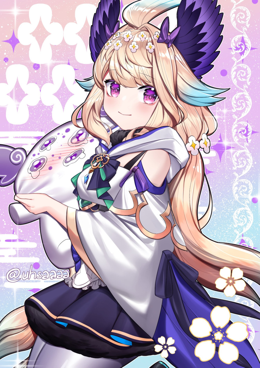 1girl, aloupeep_(enna_alouette), bangs, blue_skirt, blush, clothing_cutout, creature, english_commentary, enna_alouette, flower, from_side, grey_pantyhose, hair_flower, hair_ornament, head_wings, highres, holding, holding_creature, hood, hoodie, long_hair, low_twintails, nijisanji, nijisanji_en, pantyhose, shoulder_cutout, skirt, smile, solo, sparkle, twintails, twitter_username, uhsaaaa, very_long_hair, violet_eyes, white_flower, white_hoodie