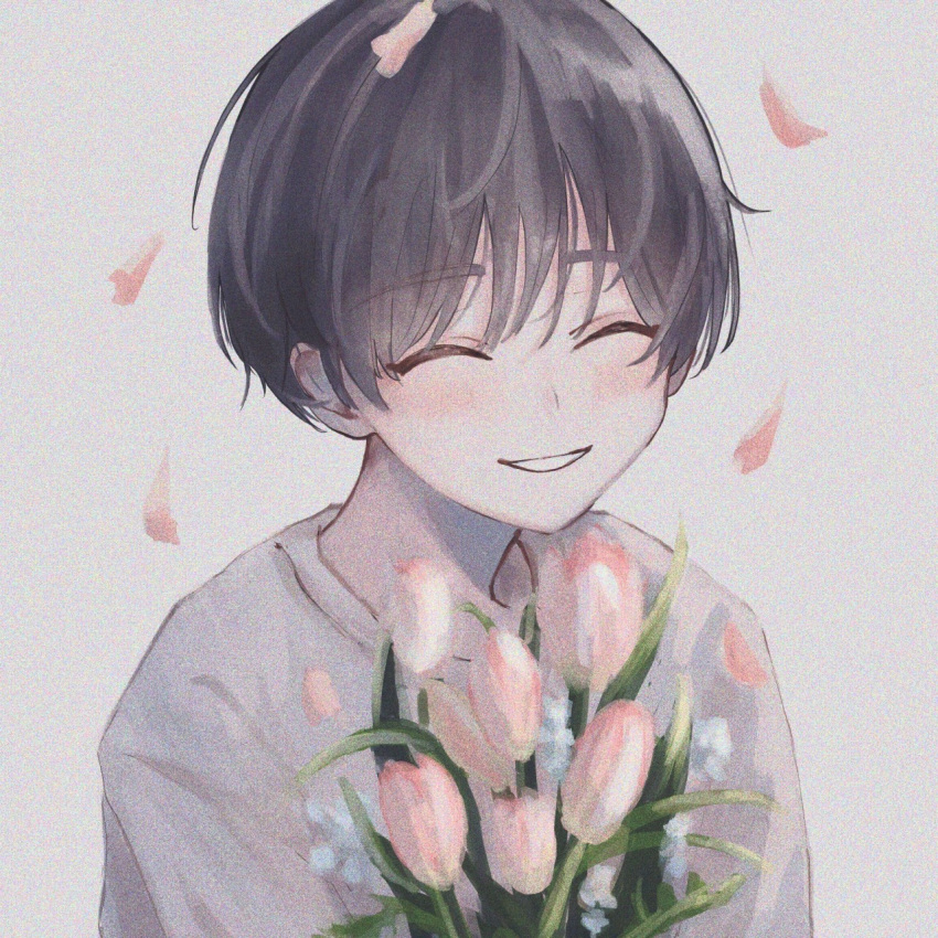 1boy, black_hair, blush, closed_eyes, flower, grey_background, highres, male_focus