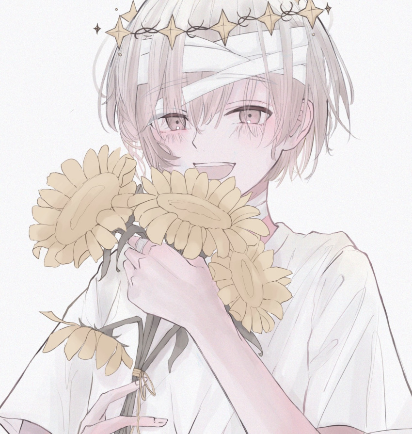 1boy, angel, angel_wings, flower, grey_eyes, grey_hair, halo, highres
