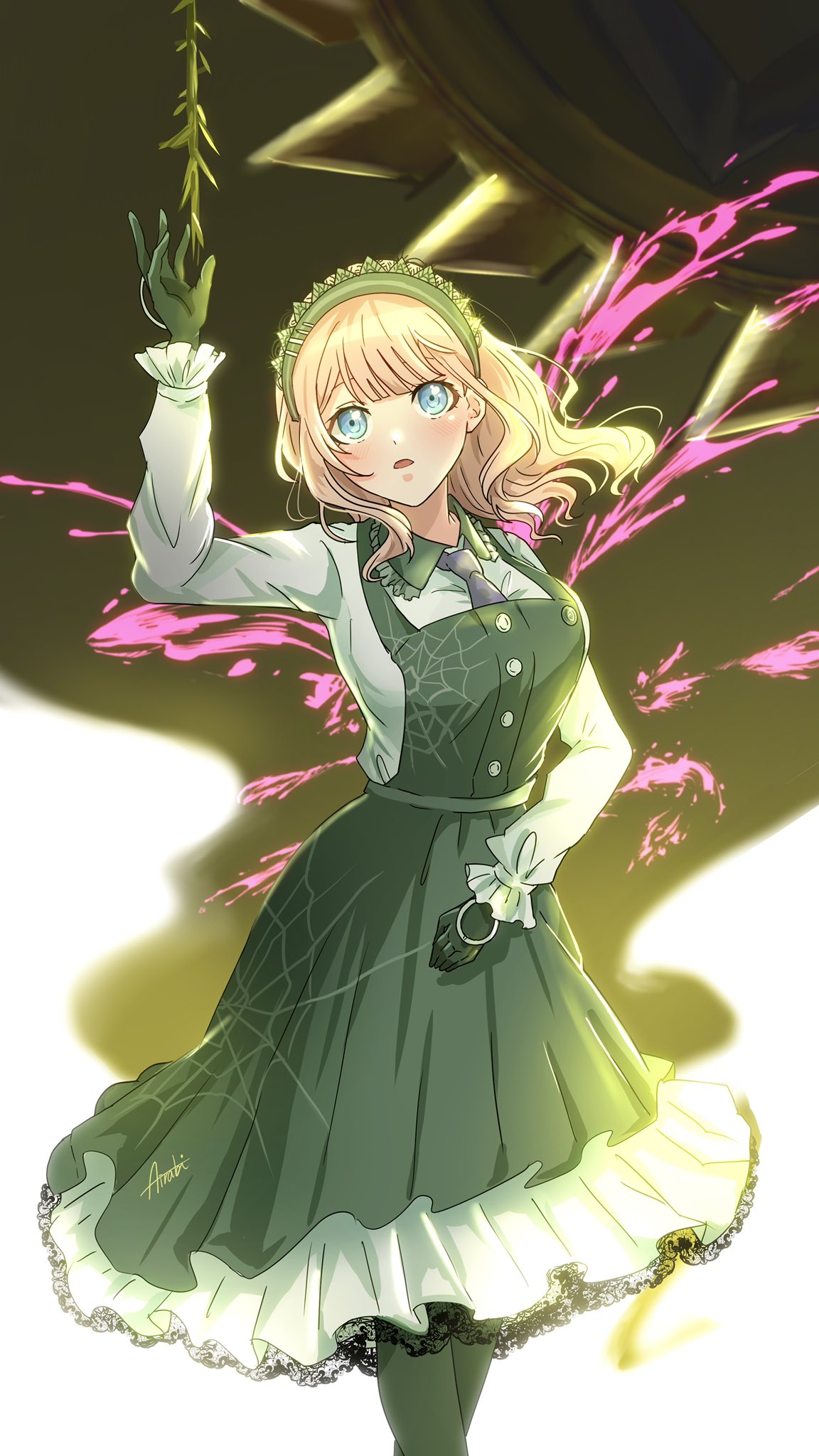 1girl, :o, airabi, alternate_costume, bangs, black_dress, black_gloves, black_pantyhose