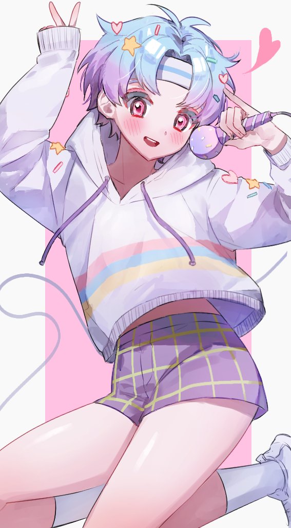 1boy, blue_hair, cookie_run, cookie_run_ovenbreak, pink_eyes, popping_candy_cookie, purple_hair, purple_shorts, tagme, white_jumper