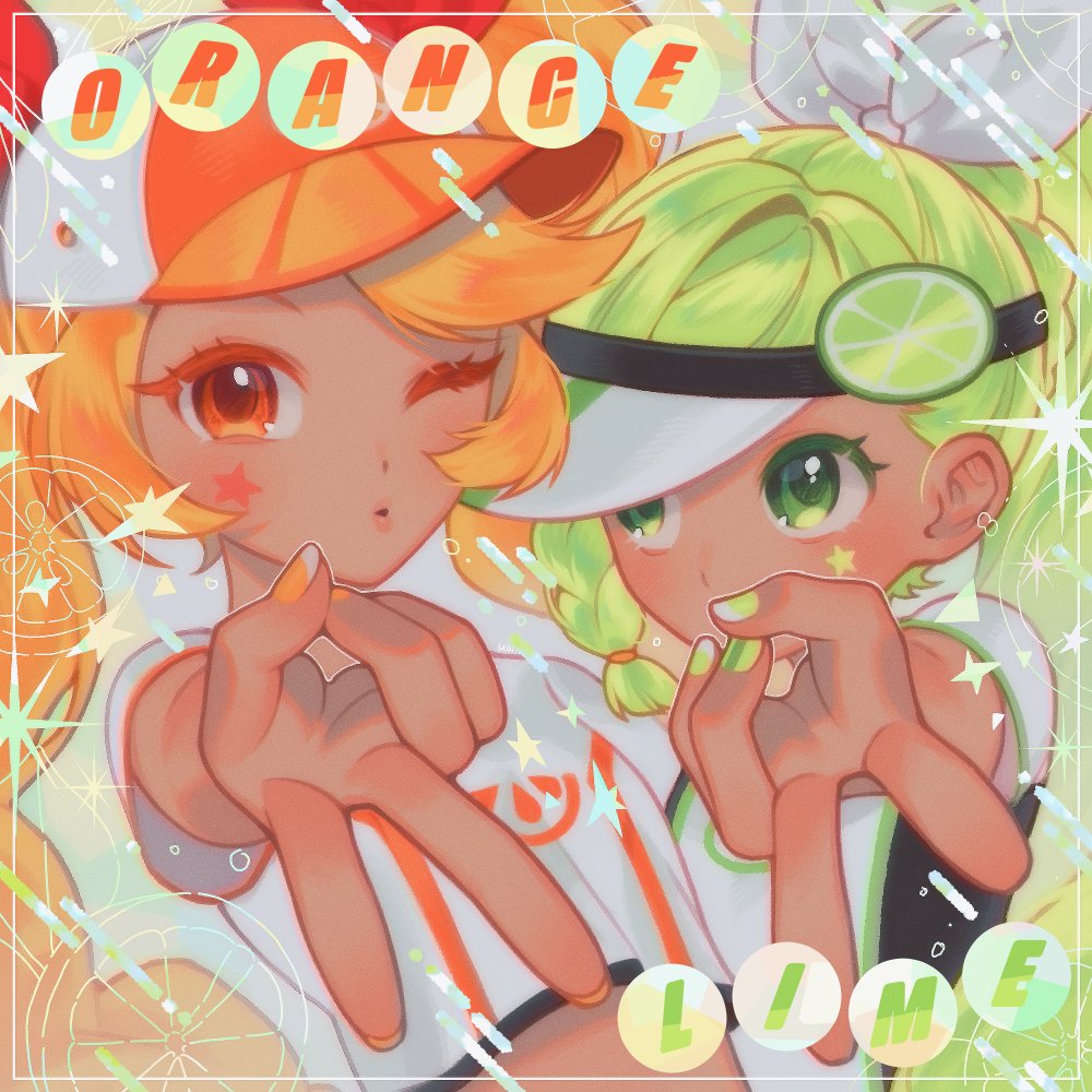 2girls, baseball_cap, braid, cookie_run, cookie_run_ovenbreak, cute, green_eyes, green_hair