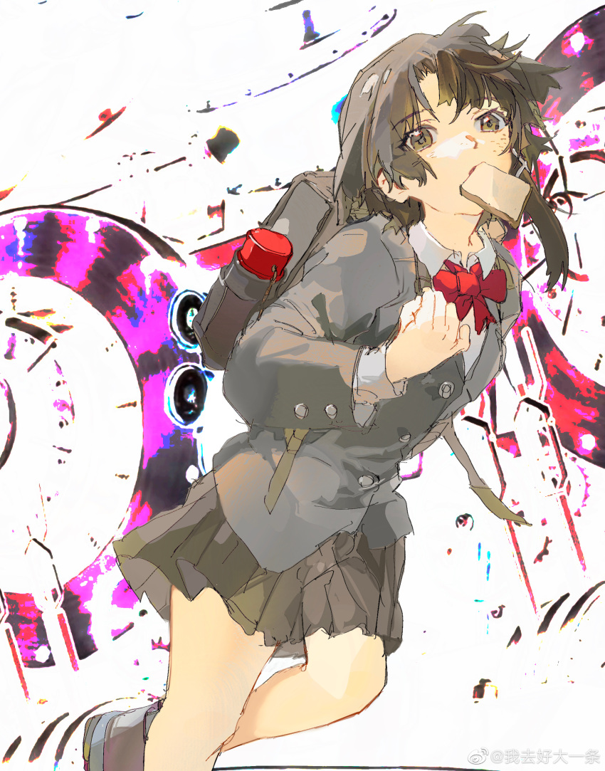 1girl, abstract_background, absurdres, backpack, bag, bangs, bow, bowtie