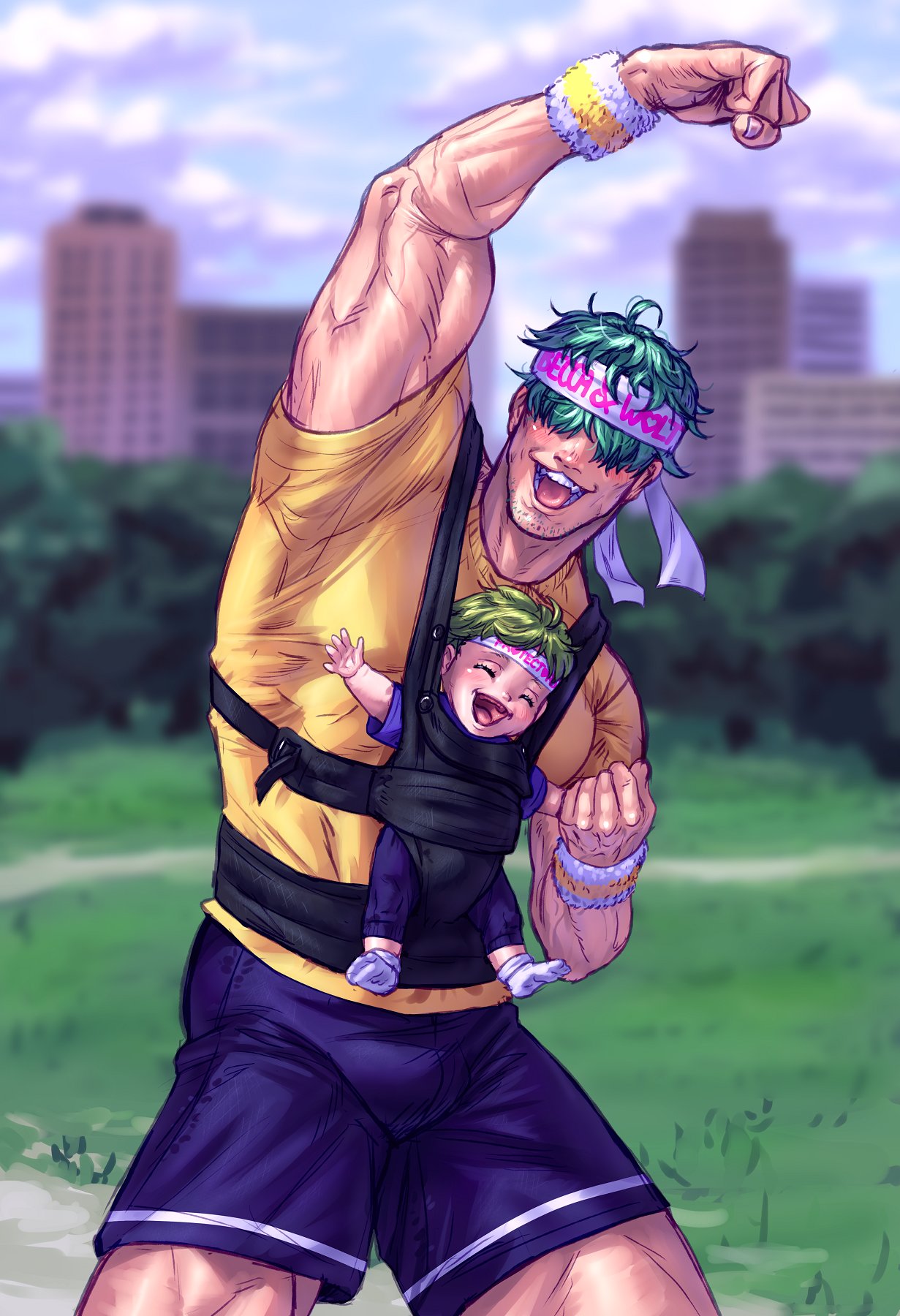 2boys, aqua_hair, baby, bangs, black_shorts, carless_(ppanic), clouds, contemporary, covered_eyes, day, fire_emblem, fire_emblem:_the_blazing_blade, fire_emblem_cipher, green_hair, hair_over_eyes, headband, highres, large_pectorals, lowen_(fire_emblem), male_focus, multiple_boys, muscular, muscular_male, open_mouth, outdoors, pectorals, shirt, short_hair, shorts, sky, smile, wolt_(fire_emblem), wristband, yellow_shirt