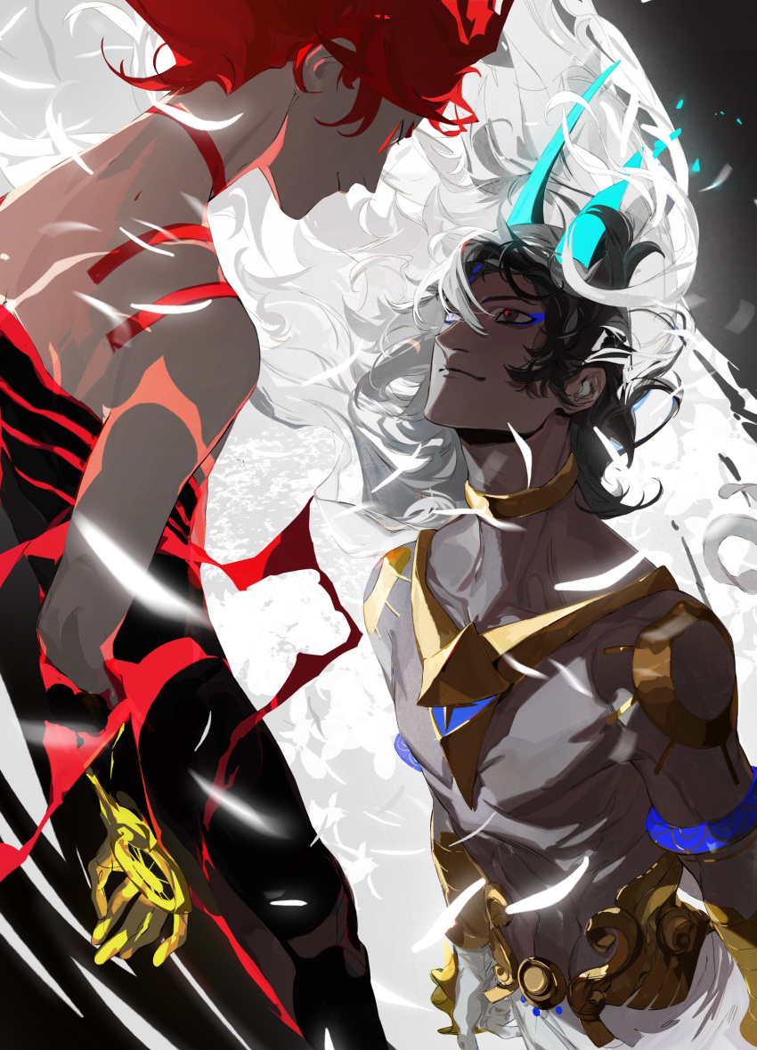 2boys, absurdres, arjuna_(fate), arjuna_alter_(fate), armlet, bangs, bare_shoulders, bishounen