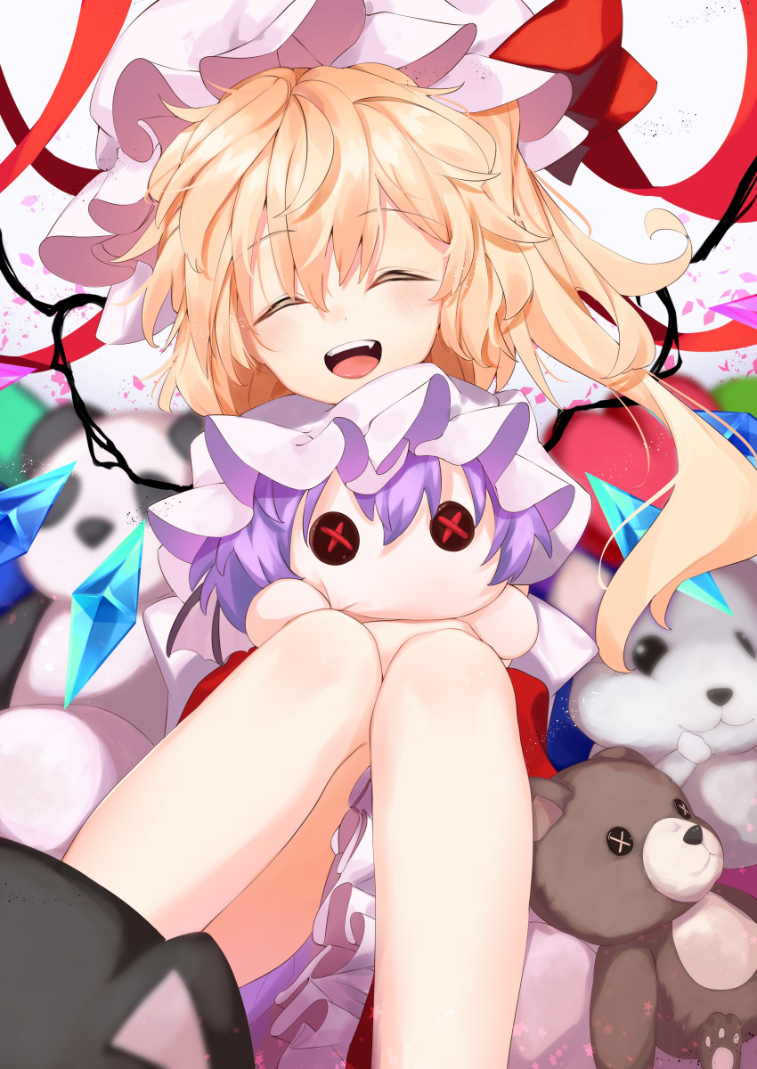 1girl, ^_^, absurdres, back_bow, blonde_hair, blurry, blurry_background, bow, calpis118, character_doll, closed_eyes, fang, feet_out_of_frame, flandre_scarlet, frilled_skirt, frills, hair_between_eyes, happy, hat, highres, holding, holding_stuffed_toy, long_hair, mob_cap, multicolored_wings, open_mouth, pink_headwear, puffy_short_sleeves, puffy_sleeves, purple_hair, red_skirt, remilia_scarlet, shiny, shiny_hair, shirt, short_sleeves, side_ponytail, skirt, solo, stuffed_animal, stuffed_toy, teddy_bear, teeth, touhou, upper_teeth, white_bow, white_headwear, white_shirt, wings