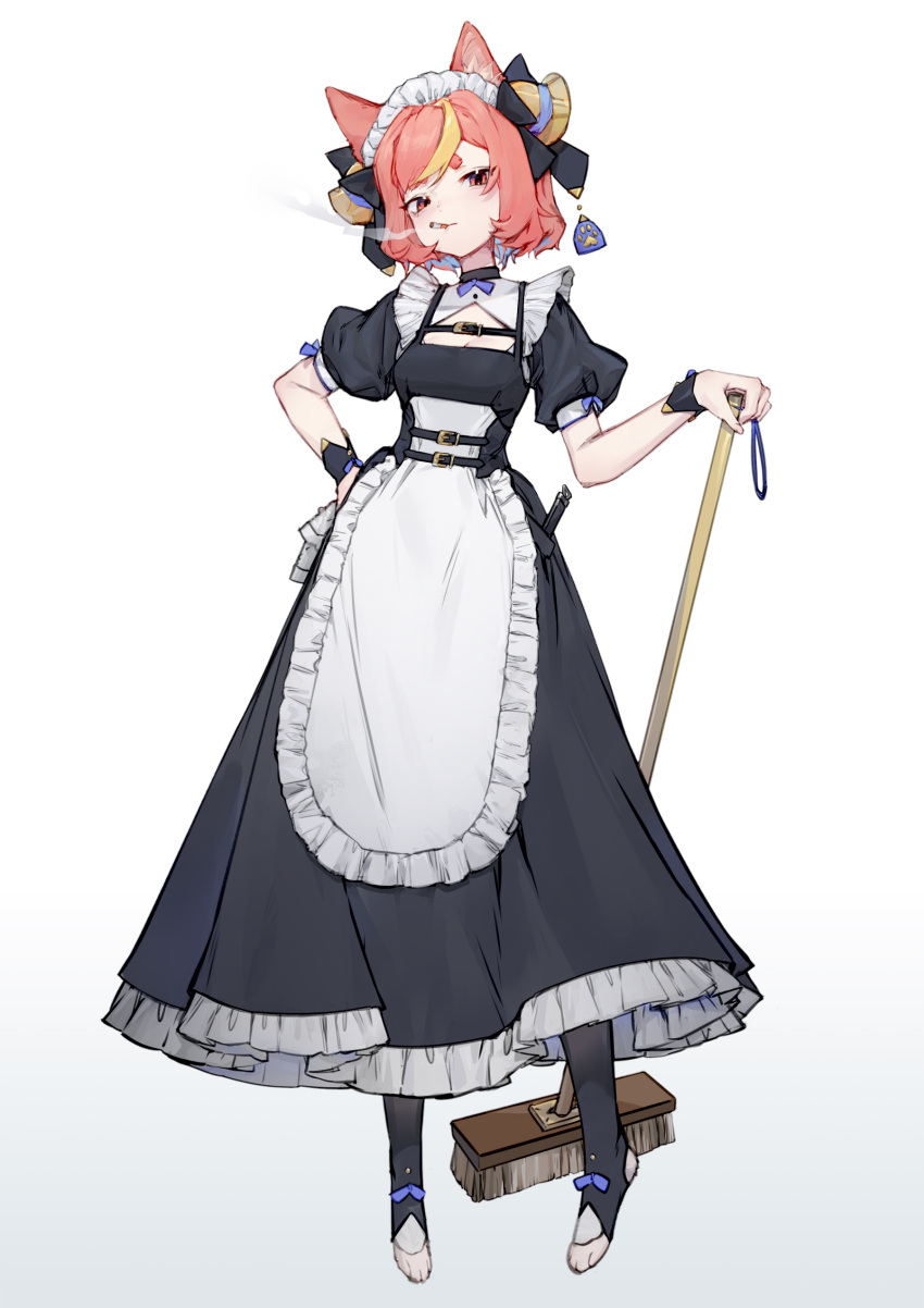 1girl, absurdres, animal_ear_fluff, animal_feet, apron, bangs, bell, black_dress, black_pantyhose, broom, cat, cigarette, dress, frilled_apron, frilled_dress, frills, full_body, hair_bell, hair_ornament, highres, holding, holding_broom, lingxia, looking_at_viewer, maid, maid_headdress, mouth_hold, original, pantyhose, pink_hair, puffy_short_sleeves, puffy_sleeves, short_hair, short_sleeves, simple_background, smoking, solo, stirrup_legwear, thick_eyebrows, toeless_legwear, white_apron, white_background, wrist_cuffs