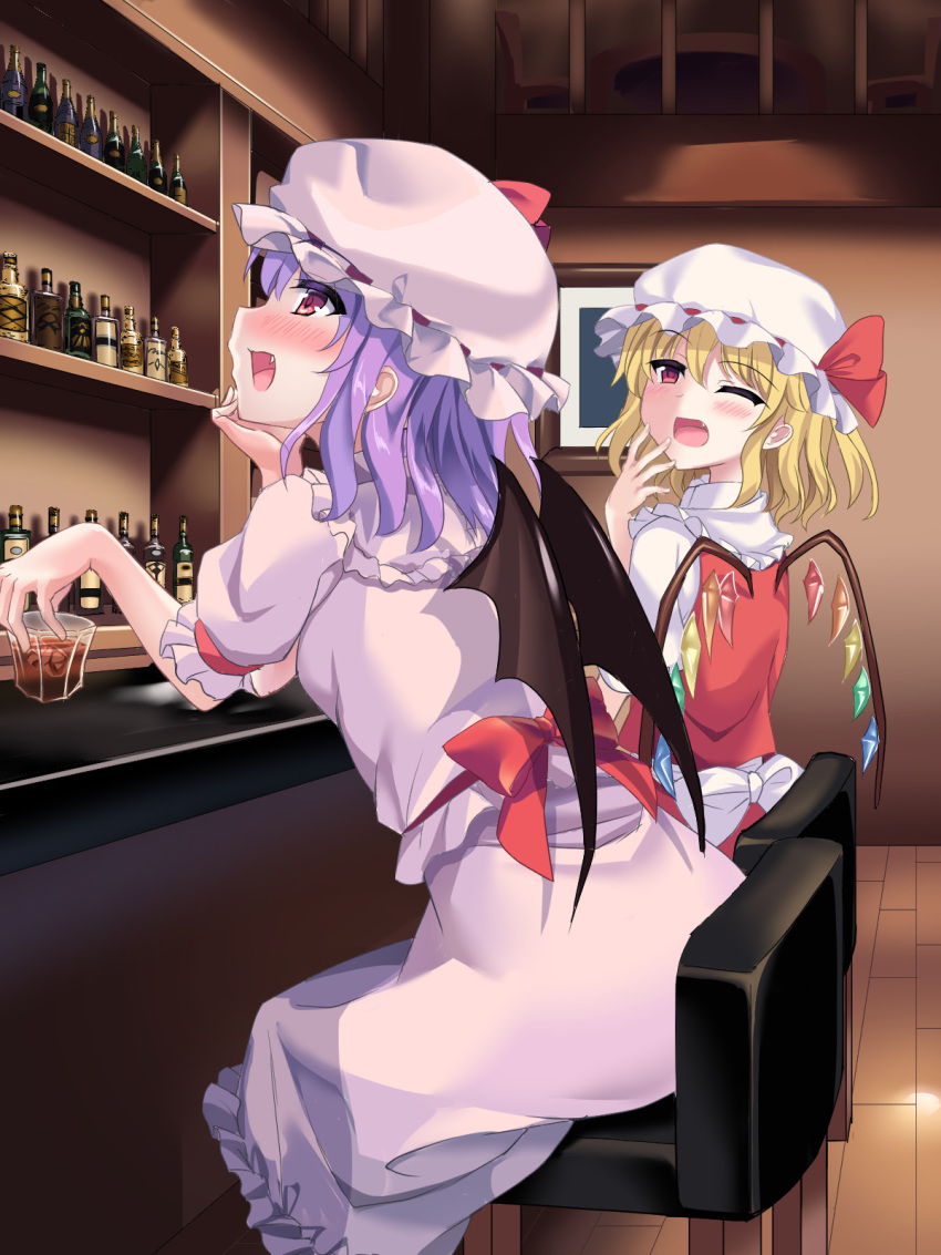 2girls, alcohol, back_bow, bar, bar_stool, bat_wings, blonde_hair, bow