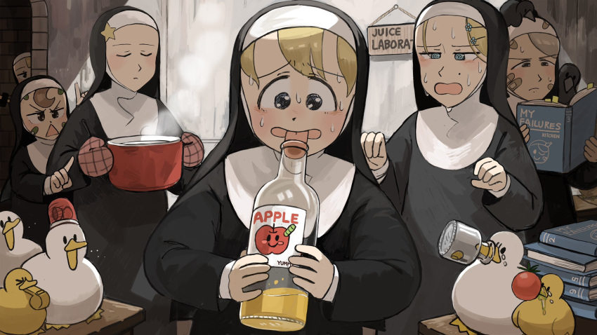 6+girls, @_@, animal_on_head, animal_on_shoulder, apple_juice, bandaid, bandaid_on_clothes, bandaid_on_face