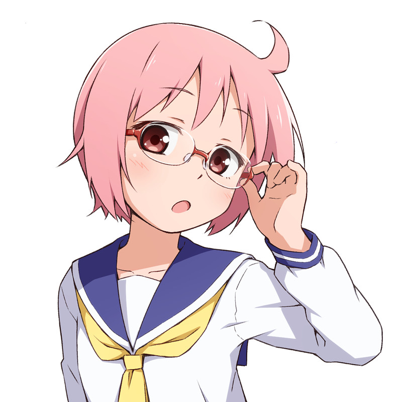1girl, adjusting_eyewear, ahoge, bangs, bespectacled, blue_sailor_collar, blush, collarbone, commentary, glasses, hand_up, long_sleeves, looking_at_viewer, mashita_(candy_apricot), neckerchief, nonohara_yuzuko, open_mouth, pink_eyes, pink_hair, sailor_collar, school_uniform, serafuku, shirt, short_hair, simple_background, solo, upper_body, white_background, white_shirt, yellow_neckerchief, yuyushiki, yuyushiki's_school_uniform