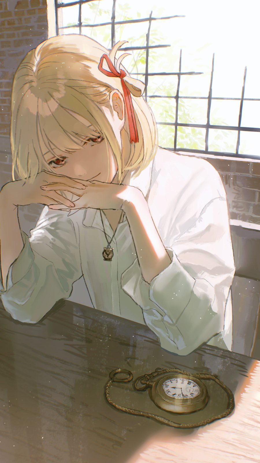 1girl, backlighting, bangs, blonde_hair, brick_wall, chair, closed_mouth, collared_shirt