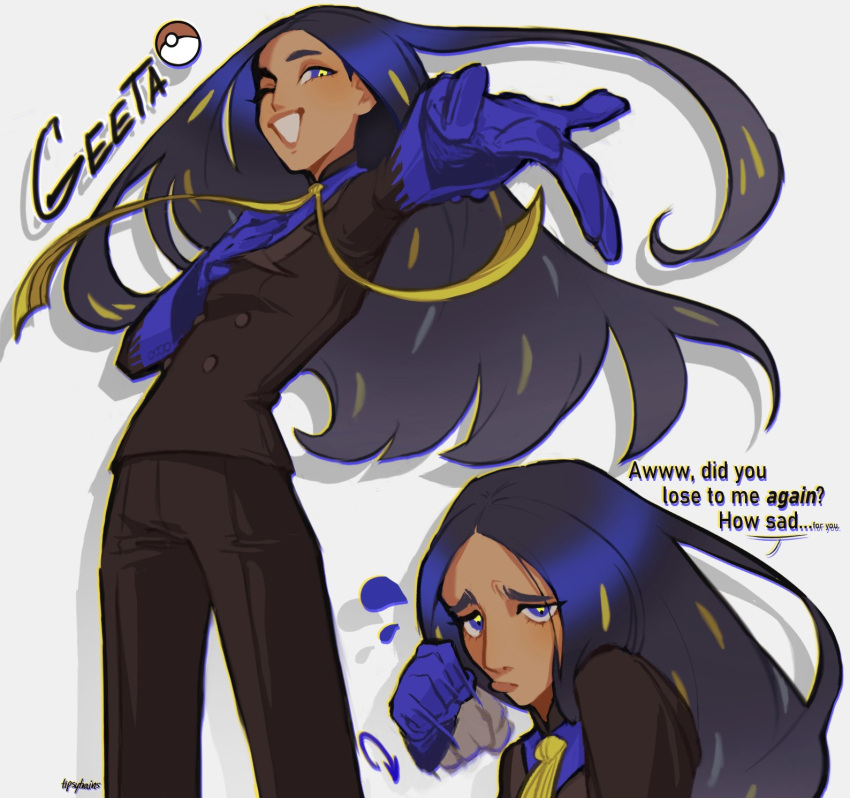 1girl, black_hair, black_suit, blue_eyes, blue_gloves, dark-skinned_female, dark_skin, formal