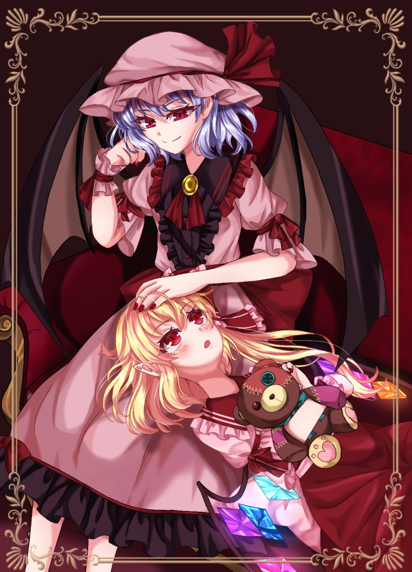 2girls, adapted_costume, bat_wings, blue_hair, center_frills, closed_mouth, couch, feet_out_of_frame
