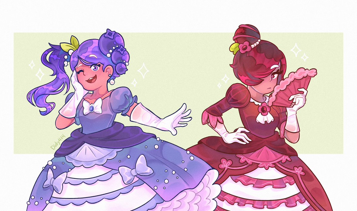 2girls, blue_dress, blue_eyes, blue_hair, blueberry_cookie, cookie_run, cookie_run_kingdom, cranberry_cookie, female_only, looking_at_viewer, red_dress, red_eyes, redhead, tagme