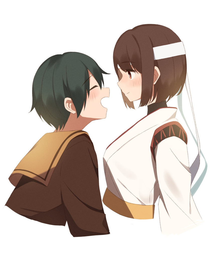 2girls, black_hair, brown_eyes, brown_serafuku, brown_shirt, closed_eyes, commentary_request, cropped_torso