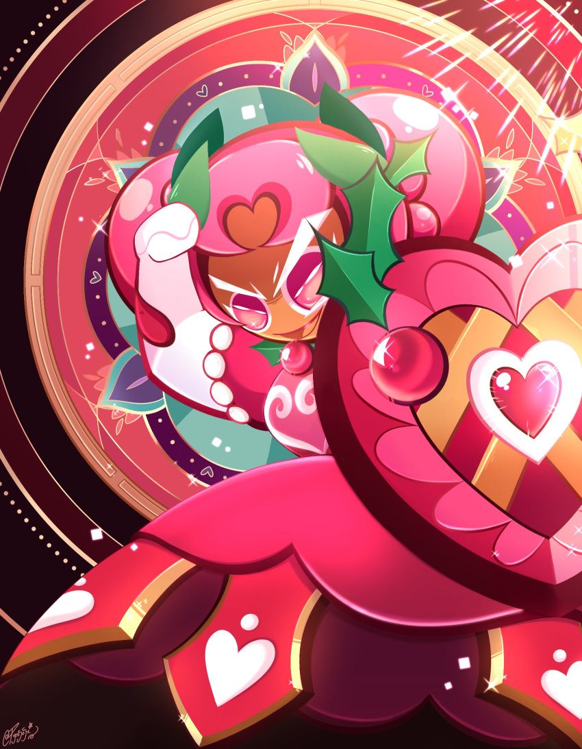 aged, aged_up, cookie_run, cookie_run_kingdom, hollyberry_cookie, looking_at_viewer, looking_to_the_side, pink_dress, pink_eyes, pink_hair, pyro5p5x, red_dress, red_eyes, red_hair, tagme