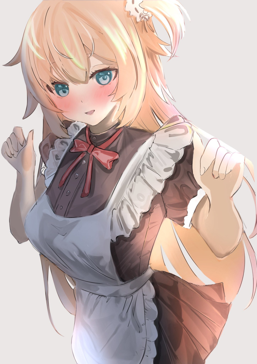 1girl, :d, akai_haato, apron, black_dress, blonde_hair, blue_eyes, blush, breasts, commentary, dress, frilled_apron, frills, hair_ornament, highres, hololive, large_breasts, long_hair, looking_at_viewer, maid, maid_apron, neck_ribbon, nekoi_skeb_boshuuchu_desu, open_mouth, red_ribbon, ribbon, side_ponytail, smile, virtual_youtuber, white_apron