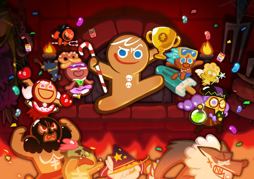 2non-binary, 3girls, 4boys, alchemist_cookie, angel_cookie, blonde_hair, blue_hair, cherry_cookie, cookie_run, cookie_run_ovenbreak, cookie_run_ovenbreak(video_game), devil_cookie, gingerbrave, look, looking_at_viewer, muscle_cookie, ninja_cookie, purple_hair, soda_cookie, tagme, trophy, werewolf_cookie, white_hair, wizard_cookie, yoga_cookie, zombie_cookie