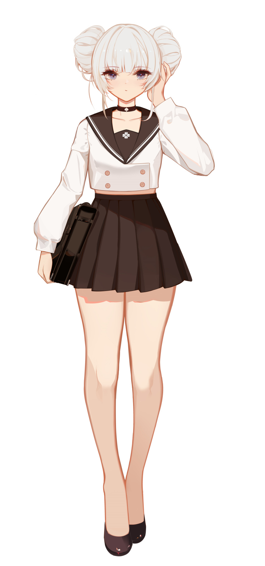 1girl, absurdres, bag, bangs, bare_legs, black_choker, black_footwear, black_sailor_collar