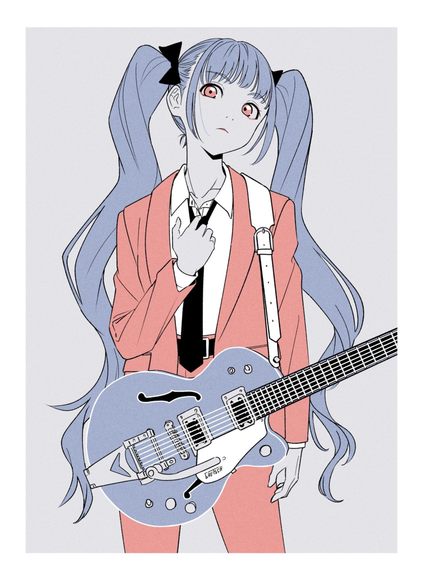 1girl, acubi_tomaranai, adjusting_clothes, adjusting_necktie, arm_at_side, bangs, belt, blue_hair, closed_mouth, eyeshadow, feet_out_of_frame, gretsch, grey_background, guitar, hand_up, highres, instrument, jacket, long_hair, long_sleeves, looking_at_viewer, makeup, necktie, open_clothes, open_jacket, original, product_placement, shirt, simple_background, solo, standing, twintails, white_shirt