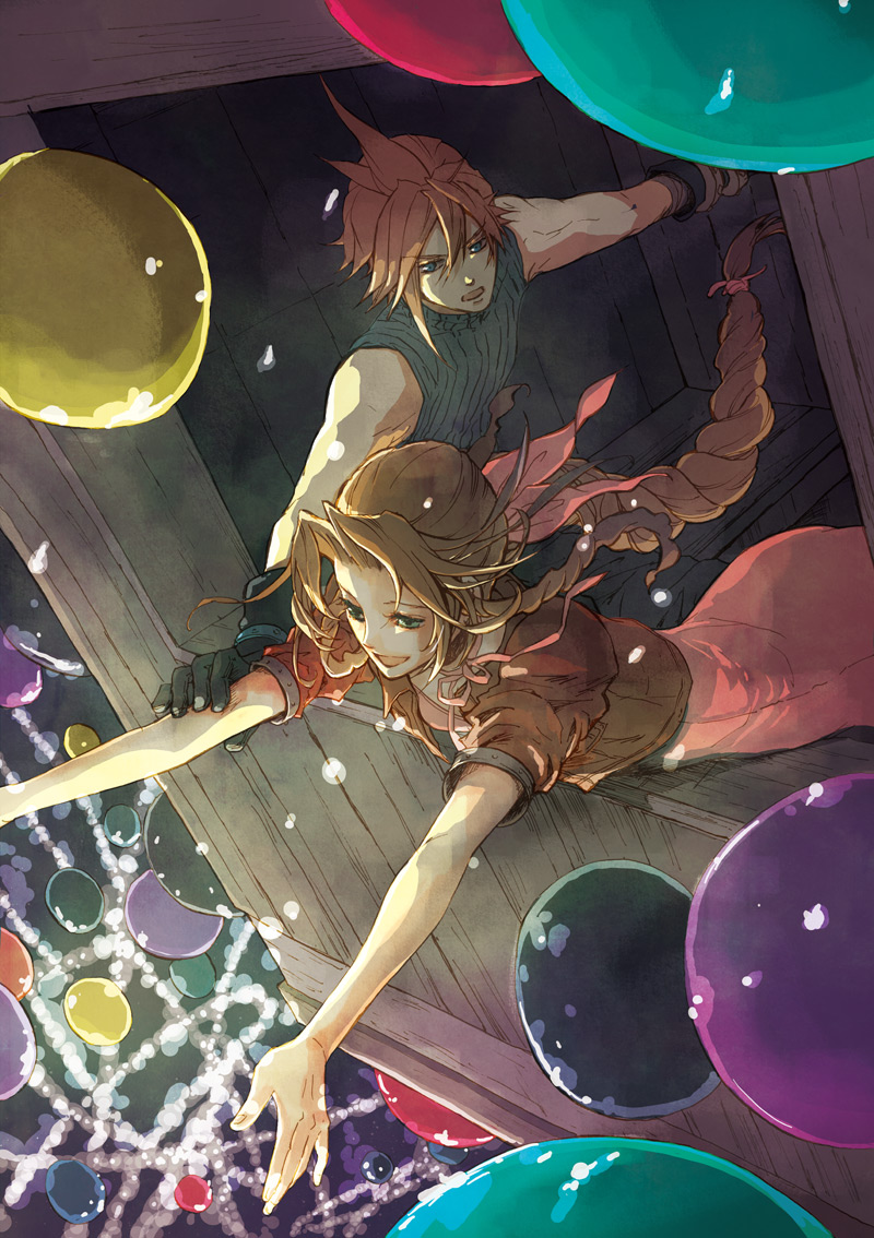 1boy, 1girl, aerith_gainsborough, balloon, bangs, blonde_hair, blue_eyes, blue_shirt
