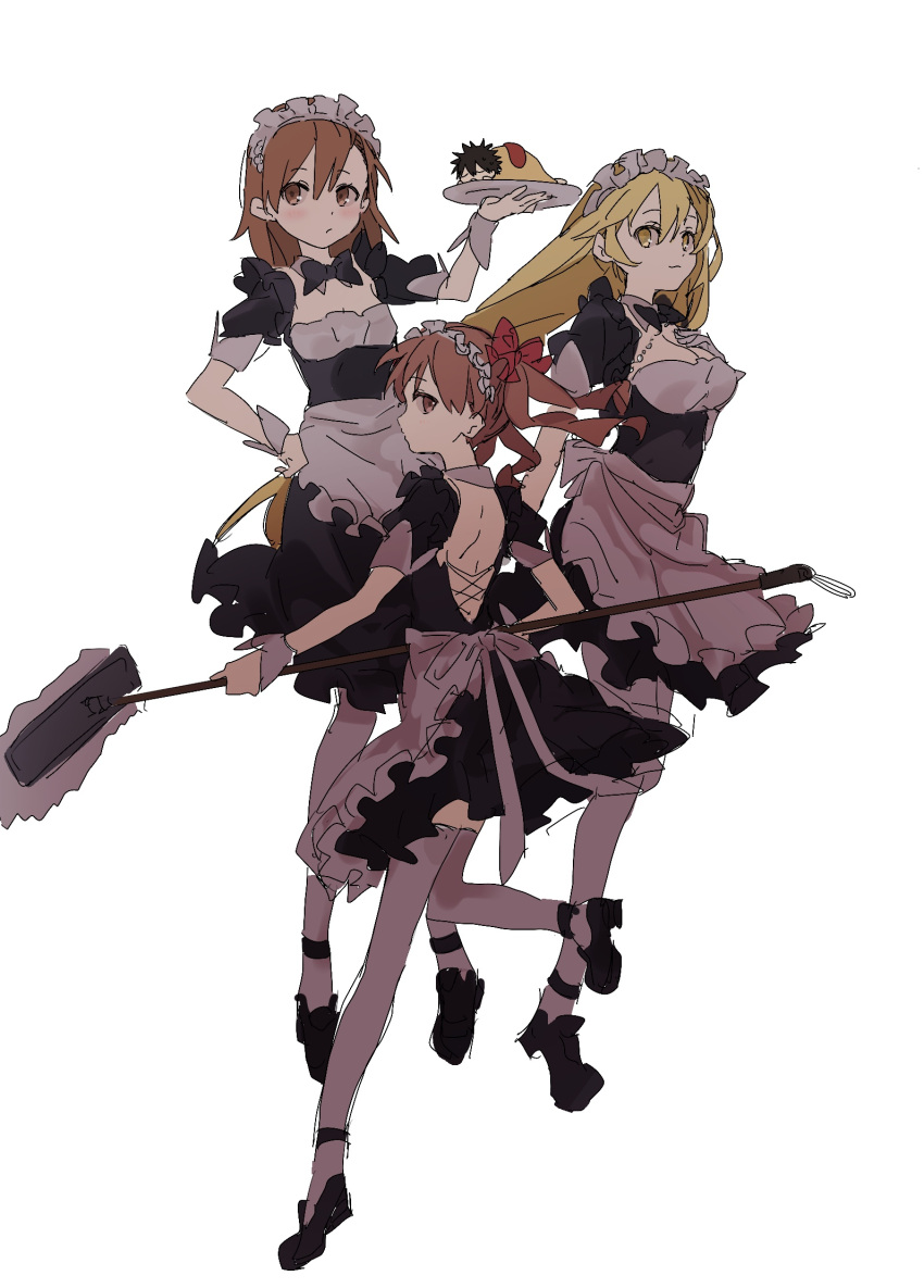 1boy, 3girls, apron, blonde_hair, bow, bowtie, broom, brown_hair, food, highres, if959u, kamijou_touma, ketchup, maid, maid_apron, maid_headdress, misaka_mikoto, multiple_girls, omurice, plate, shirai_kuroko, shoes, shokuhou_misaki, thigh-highs, toaru_majutsu_no_index, twintails, white_thighhighs