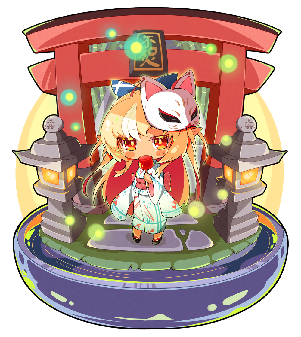 1girl, alternate_costume, blonde_hair, blush, blush_stickers, bow, candy_apple, chibi