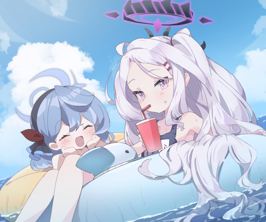 absurdres, ahoge, ako_(blue_archive), bangs, bendy_straw, blue_archive, blue_hair, blue_hairband