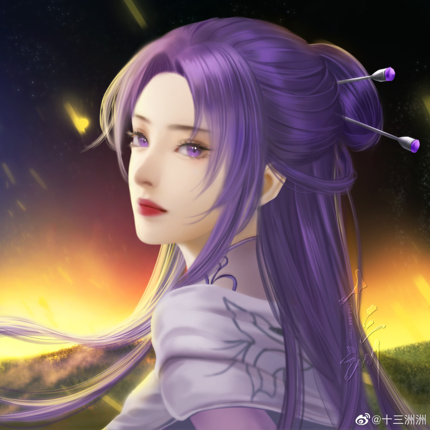 1girl, closed_mouth, dark_background, dress, embers, expressionless, fire, highres, light, long_hair, looking_back, needle, portrait, purple_dress, purple_hair, qin_shi_ming_yue, shisan_zhou_zhou, solo, violet_eyes, zi_nu_(qin_shi_ming_yue)