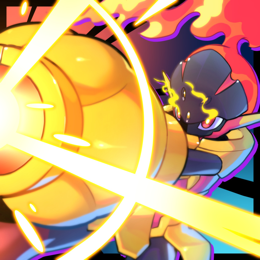 absurdres, armarouge, armor, blurry, commentary, eye_trail, fire, flame